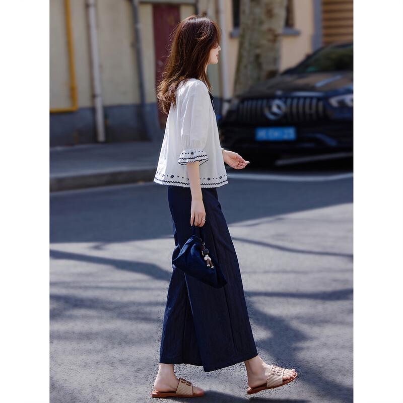 Women's Round Neck Shirt & Wide-Leg Trousers Set