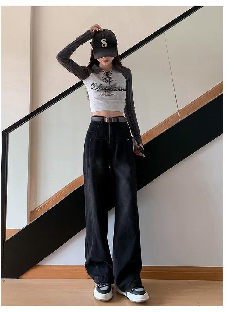 Women's High-Waist Straight Loose Jeans, Small Wide-Leg Mopping Style for Spring, Autumn, Winter 2024