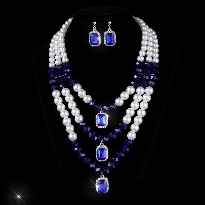 Geometrische Mehrschichtige Imitation Perle Kristall Halskette Ohrstecker Party Imitation Perle Diamant Halskette Schmuckset