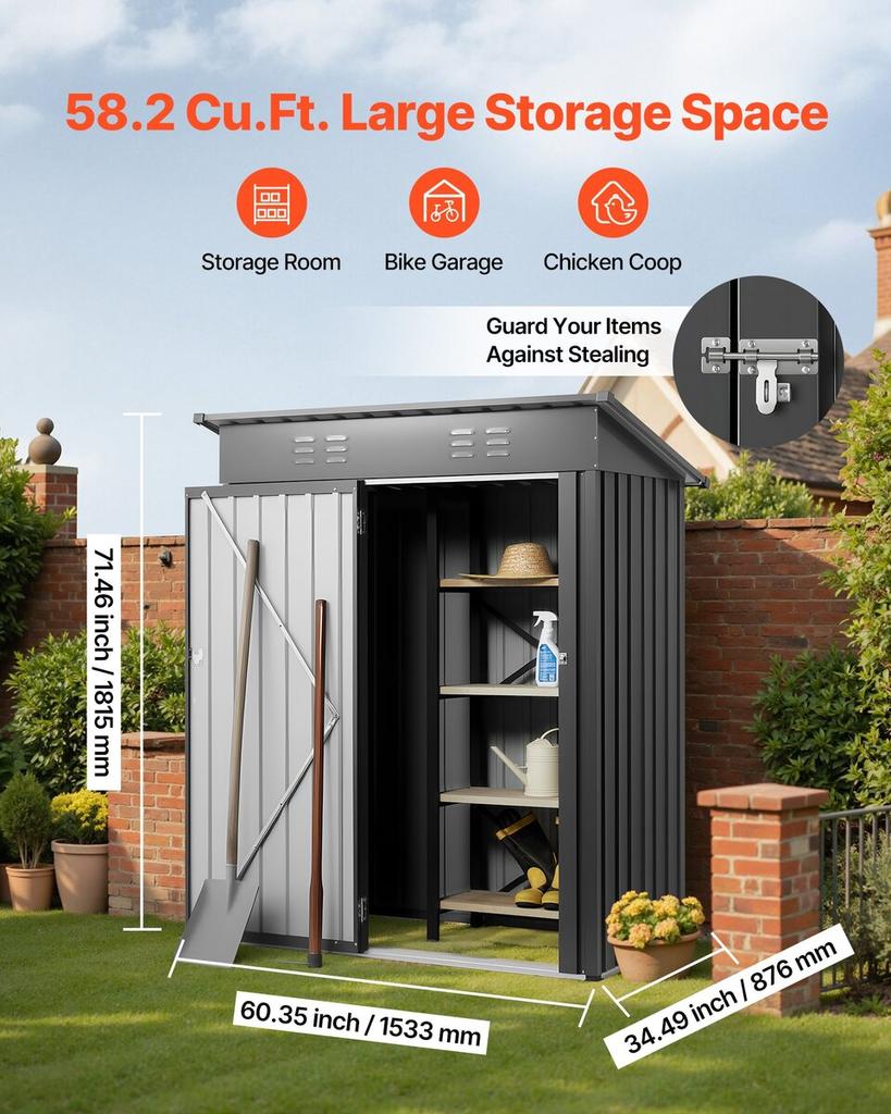 1533 X 876 X 1815 Mm Metal Garden Shed, Storage Building with Lockable Door & 2 Louver Vents, Sloped Roof Metal Outdoor Storage Shed, Tool Sheds