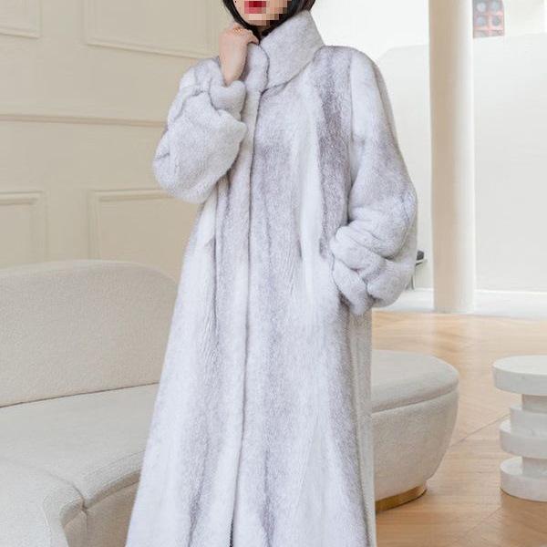 Women's Stylish Long Mink Fur Coat with Stand-Up Collar for Winter Warmth