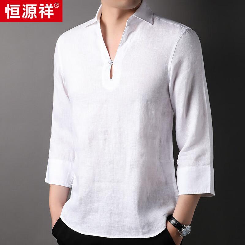 Hengyuanxiang Men s 100% Linen Chinese Style Seven-Sleeve T-Shirt M