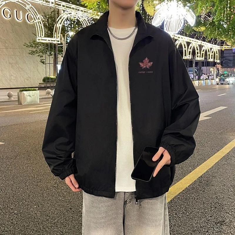 

Men s Maple Leaf Print Zip-Up Stand Collar Windbreaker Jacket M чёрный