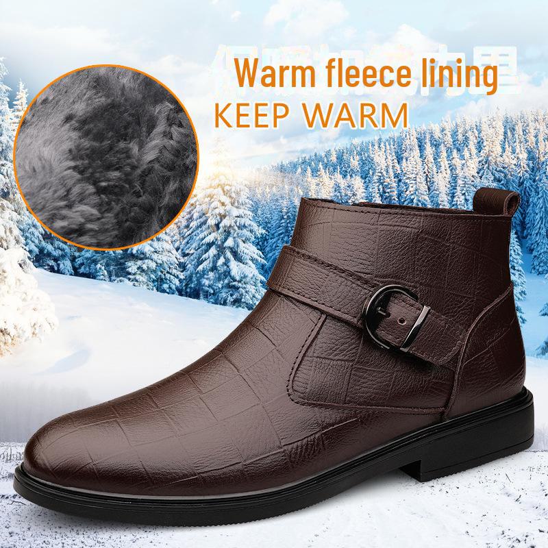 Men's British Style Mid-High Top Layer Cowhide Martin Boots, Autumn/Winter Leather, Plus Velvet, Zipper Short Boots