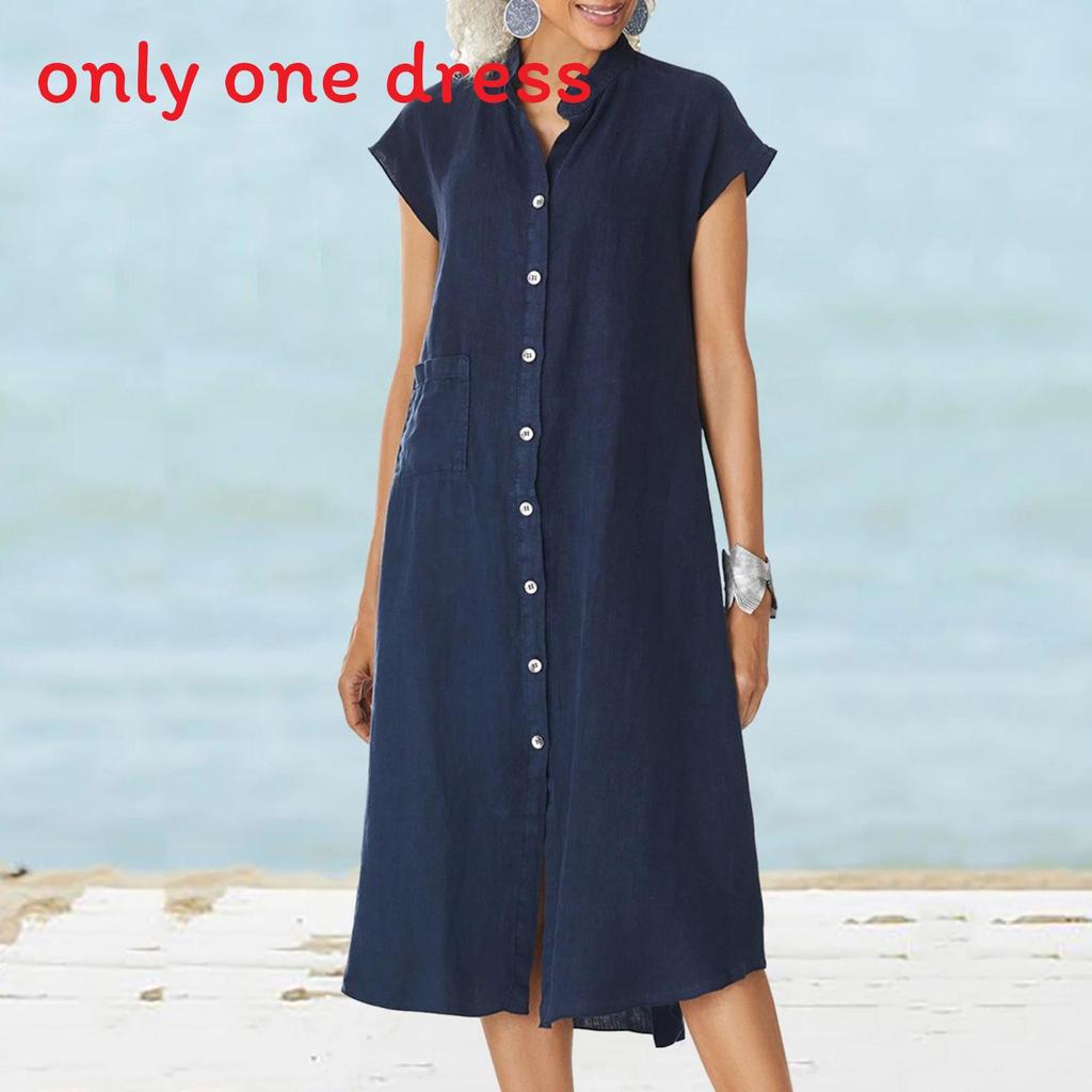 Cotton Linen Long Dress With Pocket And Stand Collar For Casual Travel