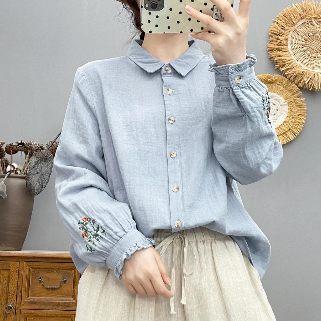 Women's Forest Style Embroidered Cotton Gauze Shirt: Long Sleeve, Soft, Breathable, Loose Fit, Slimming, Pure Cotton Top