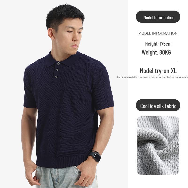 

Men s Ice Silk Short Sleeve Polo - Summer Solid Color Lapel Business Casual Shirt L королевский синий