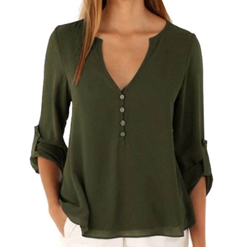 Women's V-Neck Blouse Plus Size Chiffon Shirt Long Sleeve Rollable Sleeve Loose Tops Casual T-shirt