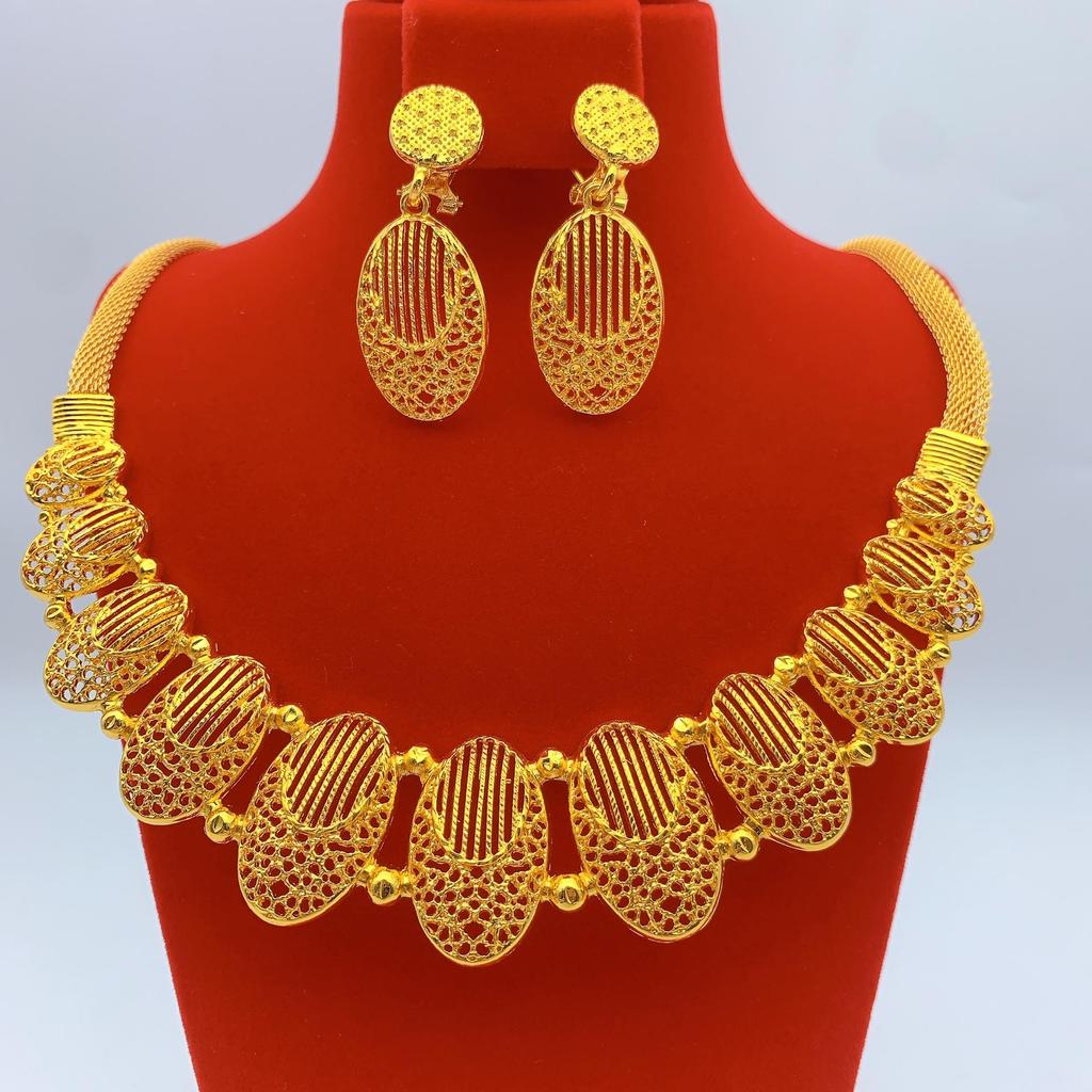 Gold-Plated Brass Flower Necklace & Earrings Set for Women's Wedding Jewelry