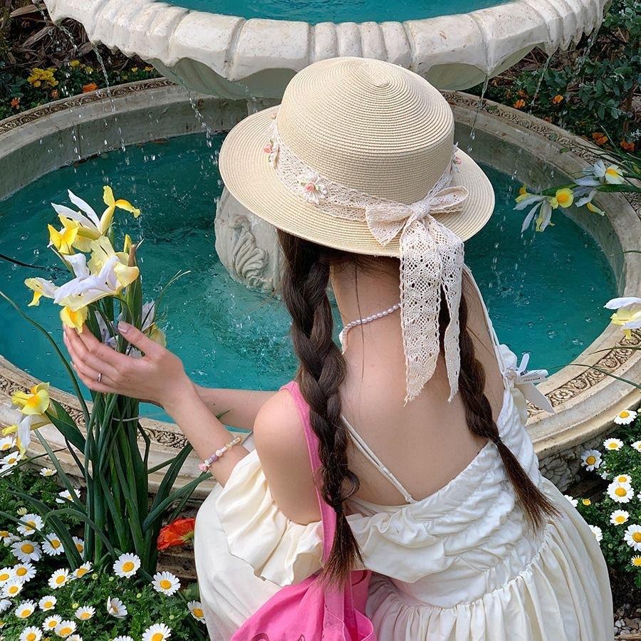 New straw hat women's summer foreign style lace bow sunscreen sun hat outdoor beach hat sunshade straw hat