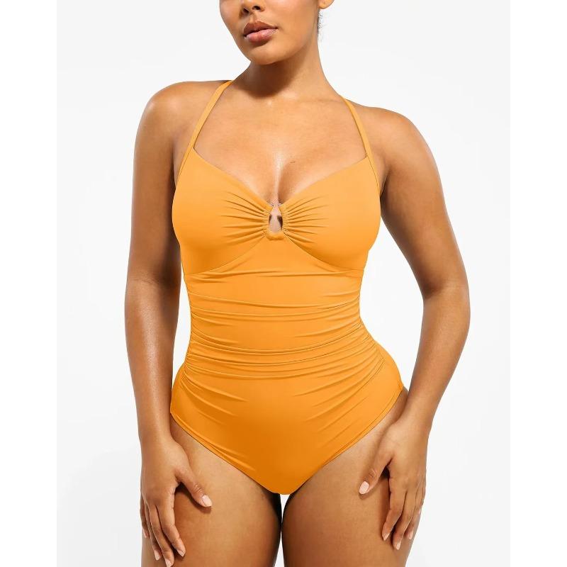 New Solid Color Fashion Meat Cover and Thin One-piece Women's Shoulder Straps Swimsuit Swimsuit