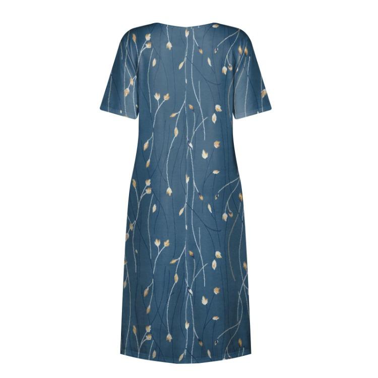 Summer Casual Printed Midi Dress Women Loose Short Sleeve Round Neck Pleated Basic Classic Daily Outdoor Dresses