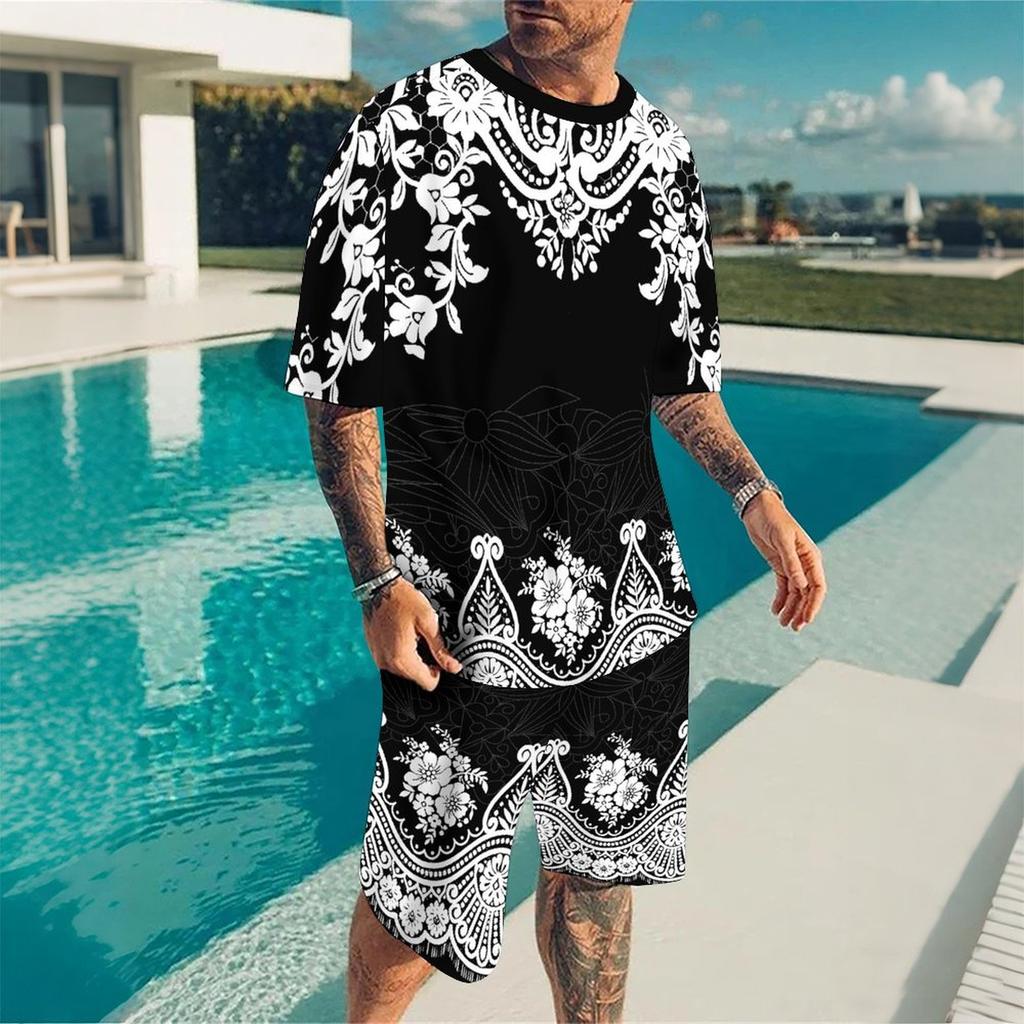 Men Vintage Floral Mandala Print Short Sleeve Top And Matching Knee Shorts Two Piece Outfit