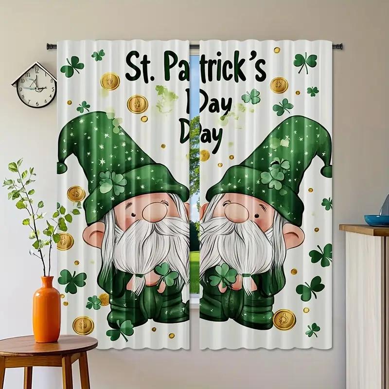 2pcs Whimsical St. Patrick's Day Gnome Printed Curtains, Designed for Light Filtering, Quality Material, Ideal for Holiday-Theme