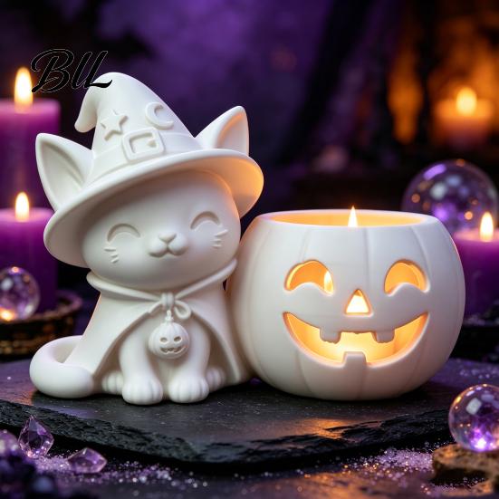 Creative Gift for Friends Halloween Black Cat Pumpkin Candlestick, 3D Printed Witch Candle Hollow Light Holder with Tealight Cup, Spooky Tabletop
