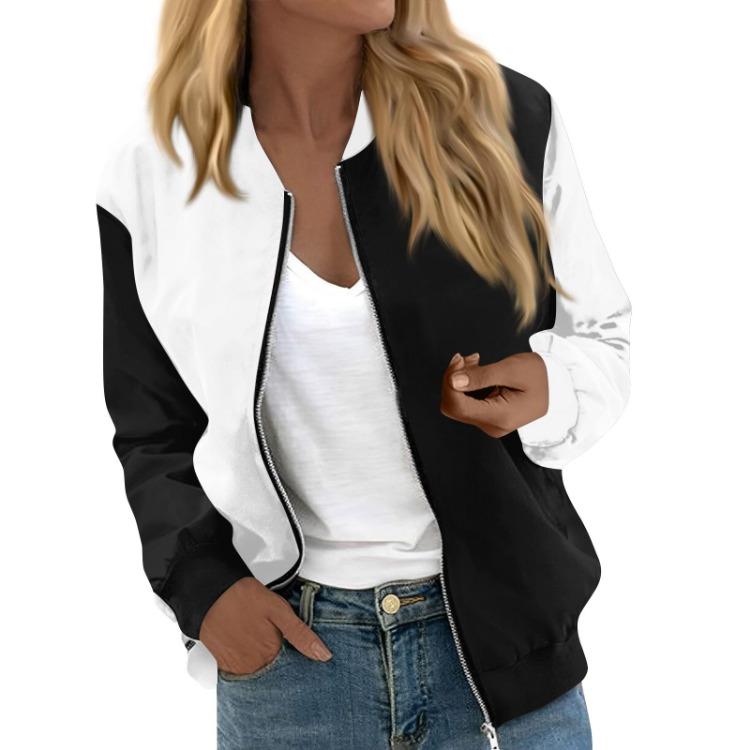 Print Round Neck Casual Long Sleeve Zipper Jacket Fashionable Women
