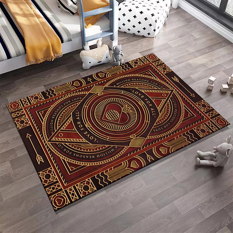 Geometric Pattern Carpet with "Love for All" Text, Red and Gold Design Suitable for use as an anti-slip for living room bedroom sofas