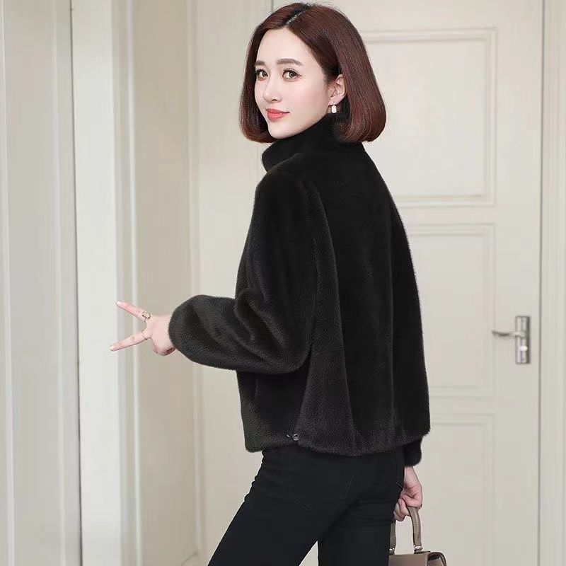 Goldner Nerzjacke Damen Kurz Kunstpelz Winterpelz Integriert Stehkragen Taille Mode Warm Verdickt Mantel