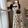 New pure desire style design sense thin splicing floral dress women's summer square neck bubble sleeve a word dress