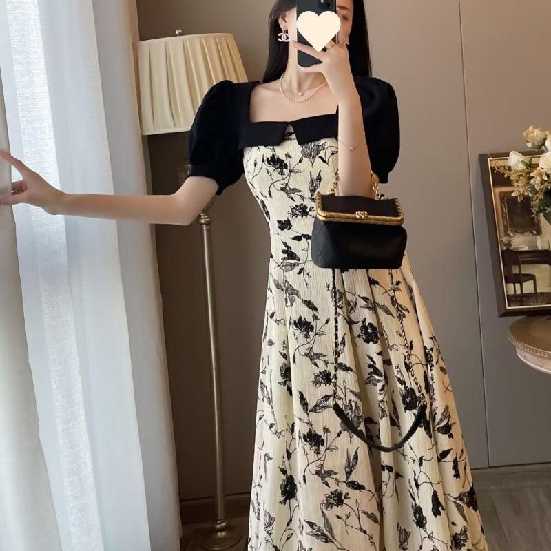 New pure desire style design sense thin splicing floral dress women's summer square neck bubble sleeve a word dress