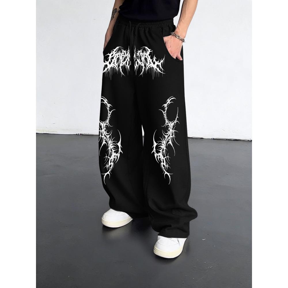 Black Loose Wide Leg Men's Sports Pants, Street Style Cool Flame Pattern, Drawstring Closure Street Style