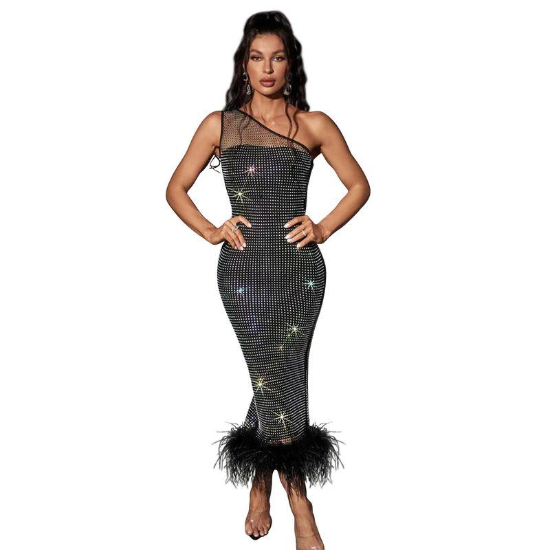 

C6666 Cross-Border Amazon European and American Fashion Women s Wear Single Shoulder Mesh Rhinestone Feather Bandage One-Piece Dress C6666-Black S