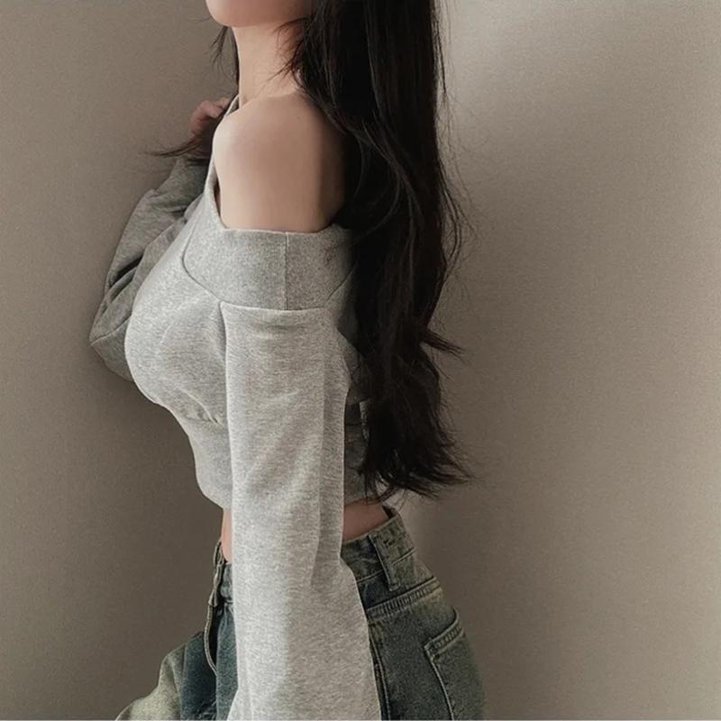 Harajuku Kvinnor Oregelbundna Off Shoulder Huvtröjor Långärmade Sexiga Magtoppar Y2k Streetwear Pullovers Sweatshirt 2024 Höst Vinter