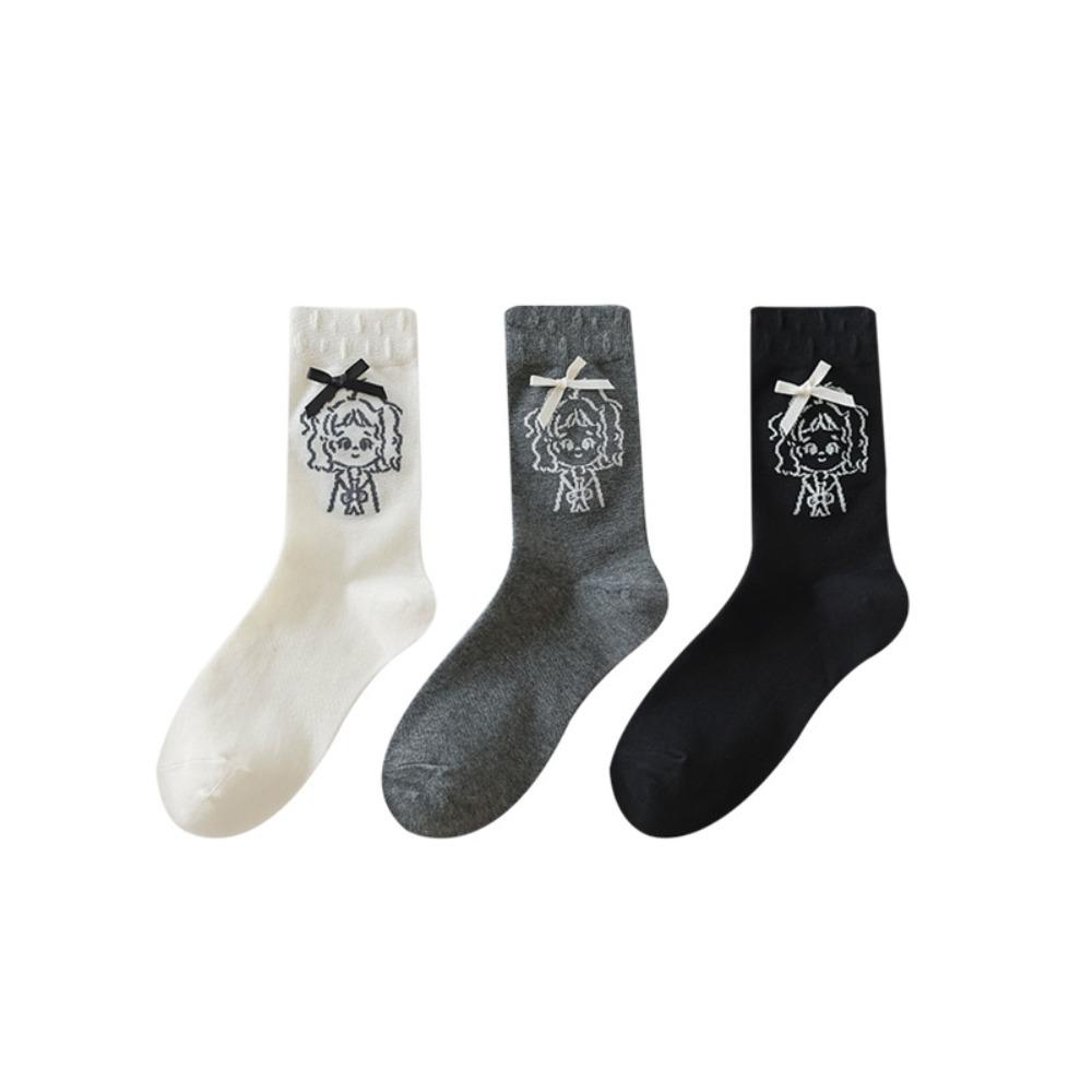 

3 пары однотонных коротких носков с принтом, женские носки до середины икры, хлопковые носки с рисунком из мультфильма, осень белый/бежевый