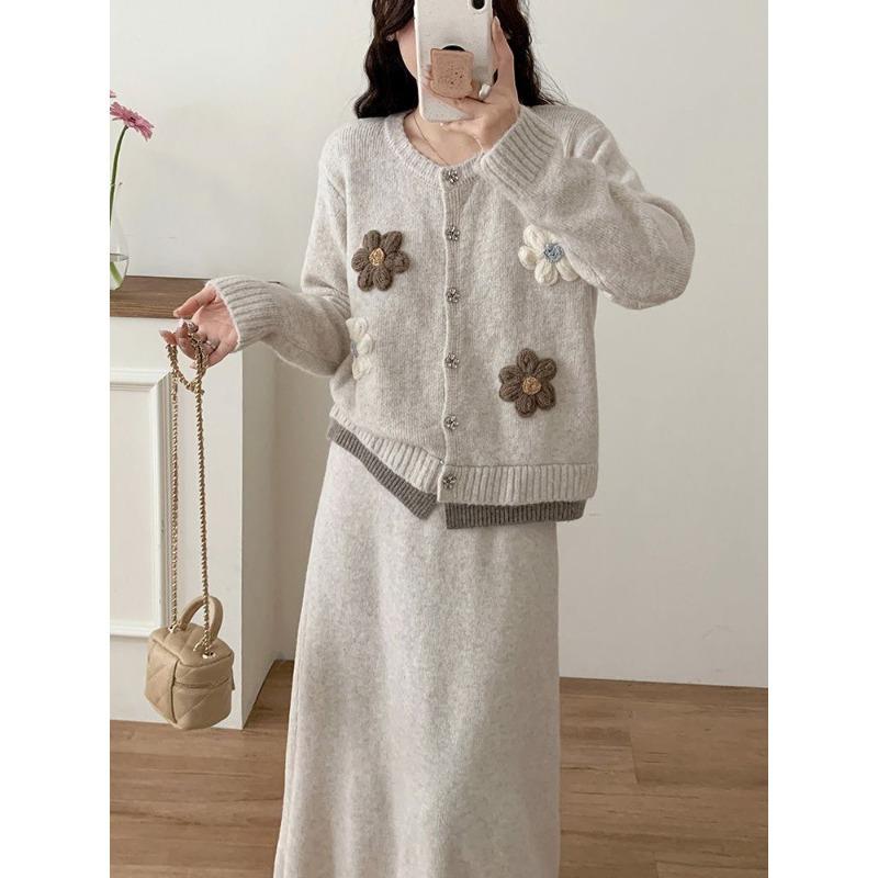 Heavy industry embroidery fake two-piece knitted cardigan skirt set skirt autumn and winter new gentle wind two-piece set women