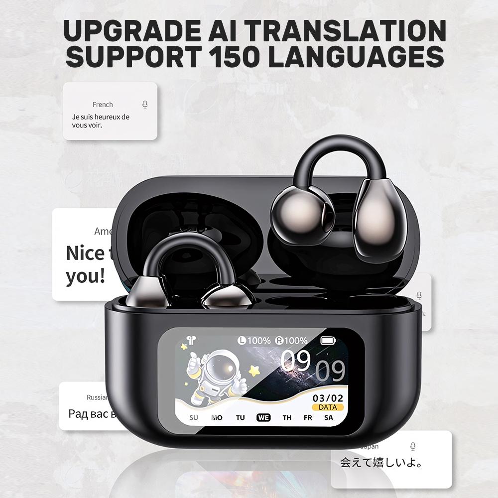 XG42 KI-Übersetzung Bluetooth 6.0 Clip-On Ohrhörer, 150+ Sprachen, HD-Display, 8h Akkulaufzeit, Kabellose Ohrhörer für Reisen/Büro/Sport