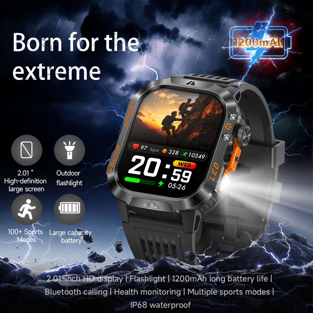1200mAh Extra Large Outdoor Military Rugged Smart Watch With SOS Signal Light LED Flashlight 100+Sports Modes 2.01‘’AMOLED Watch