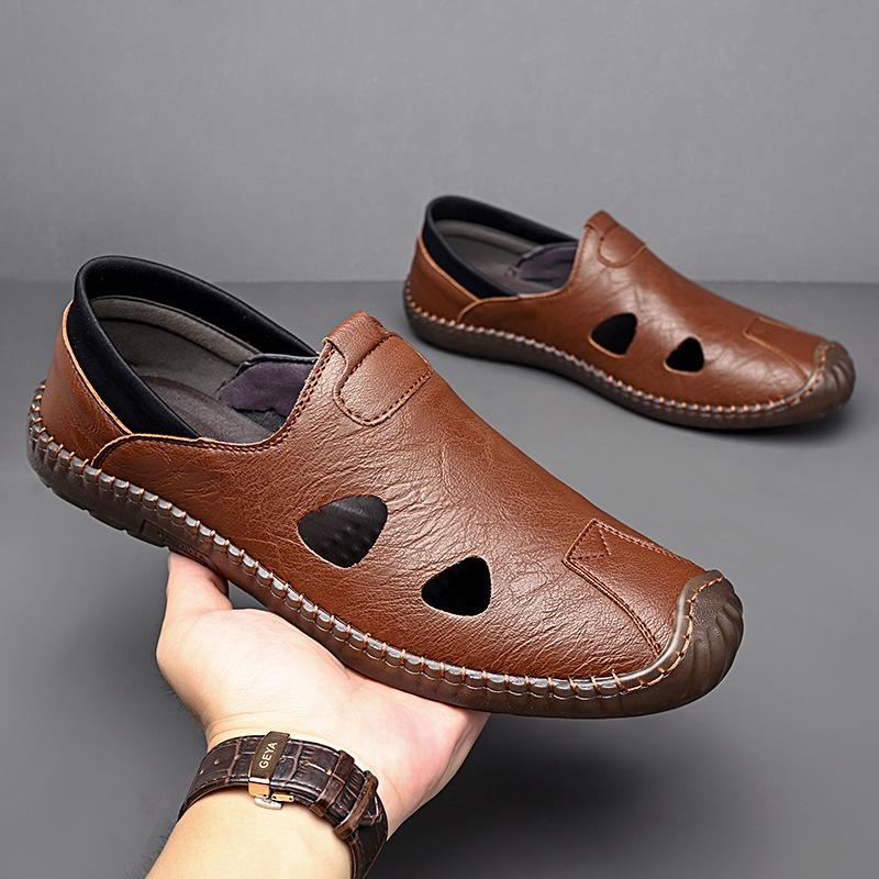 

Genuine leather men s shoes 2025 new summer hollow breathable hole shoes soft sole non-slip shoes leather shoes 44 коричневый