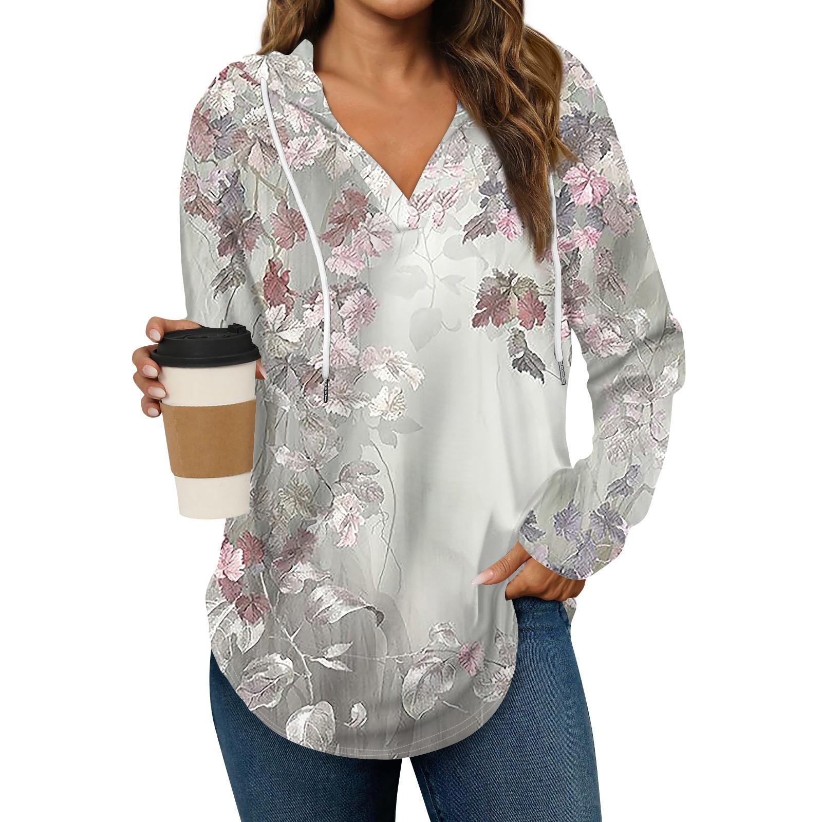 

Женские модные толстовки с капюшоном V-образным вырезом с длинным рукавом и цветочным принтом на шнурке, повседневные свободные пуловеры L