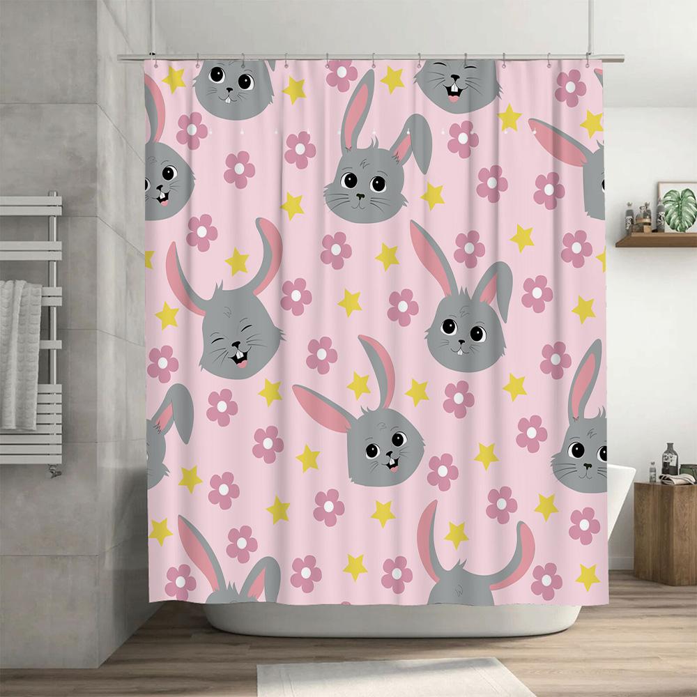 Cute Bunny Rabbit Shower Curtain Pink With Yellow Stars And Flowers For Kids Bathroom Decor (180X240Cm)