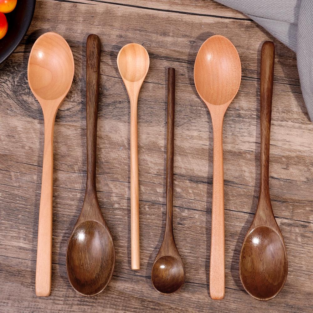 1/10pcs Long Hand Wooden Spoon Wood Soup Scoop Kitchen Cooking Stirring Spoons Dessert Honey Coffee Stir Teaspoons Tableware Set