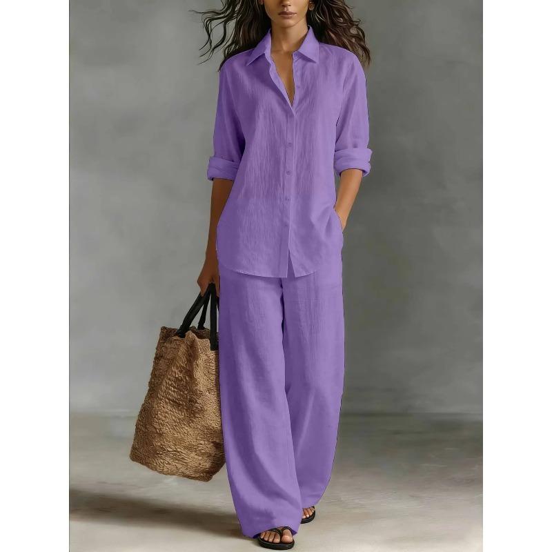 Fashion Linen Shirt Long Sleeved Women's Set Spring Autumn Loose Wide Leg Trousers Female Office Set