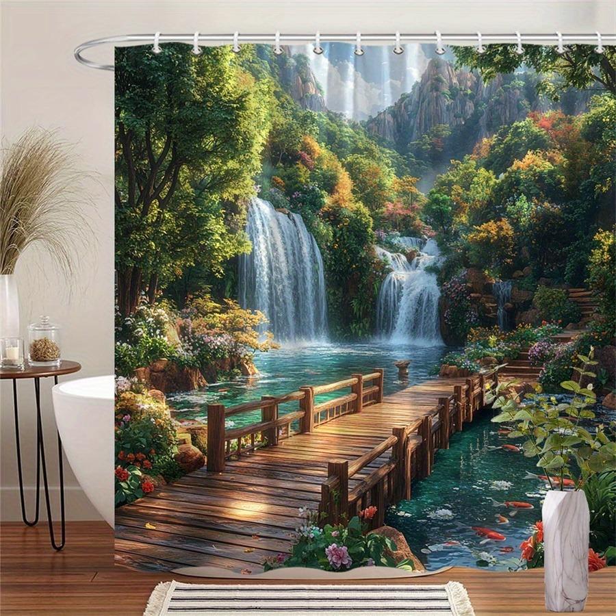 

Lush Waterfall And Bridge Garden Shower Curtain Washable Dirt-Resistant Shower Head Waterproof Polyester Bath Curtain W60H190(CM)-1 Pcs