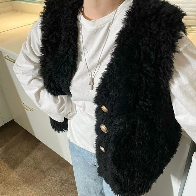 Autumn and winter new imitation leather vest lamb wool thickened short coat sheep curly wool versatile loose vest