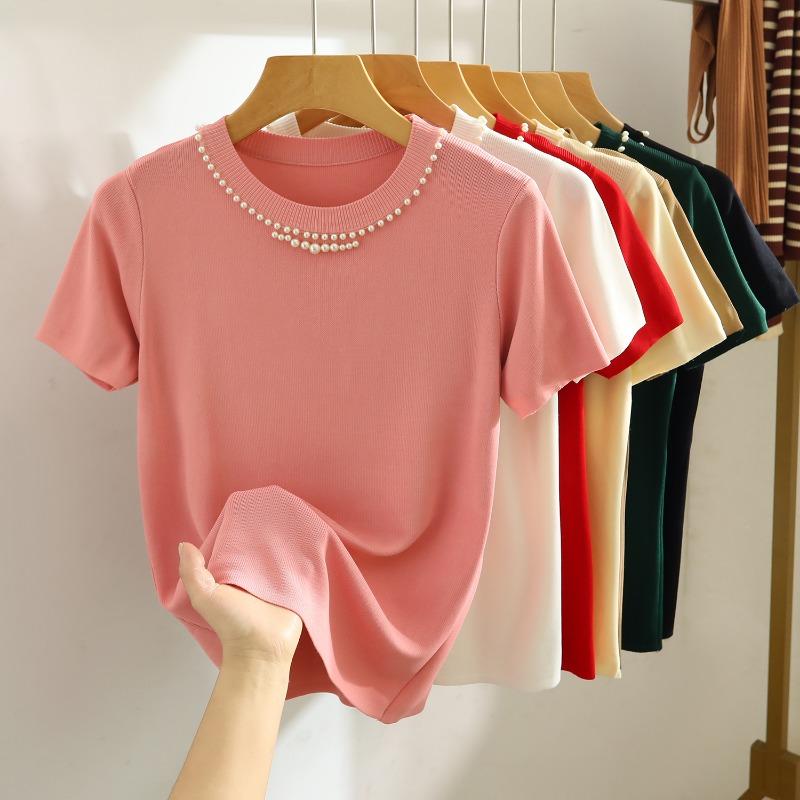 Fashion Short Sleeve Loose Knitted T Shirt Women Summer New Beading Round Neck Casual Women's T-shirt Tops Elegant Slim Fit Simple Woman Tee 26235