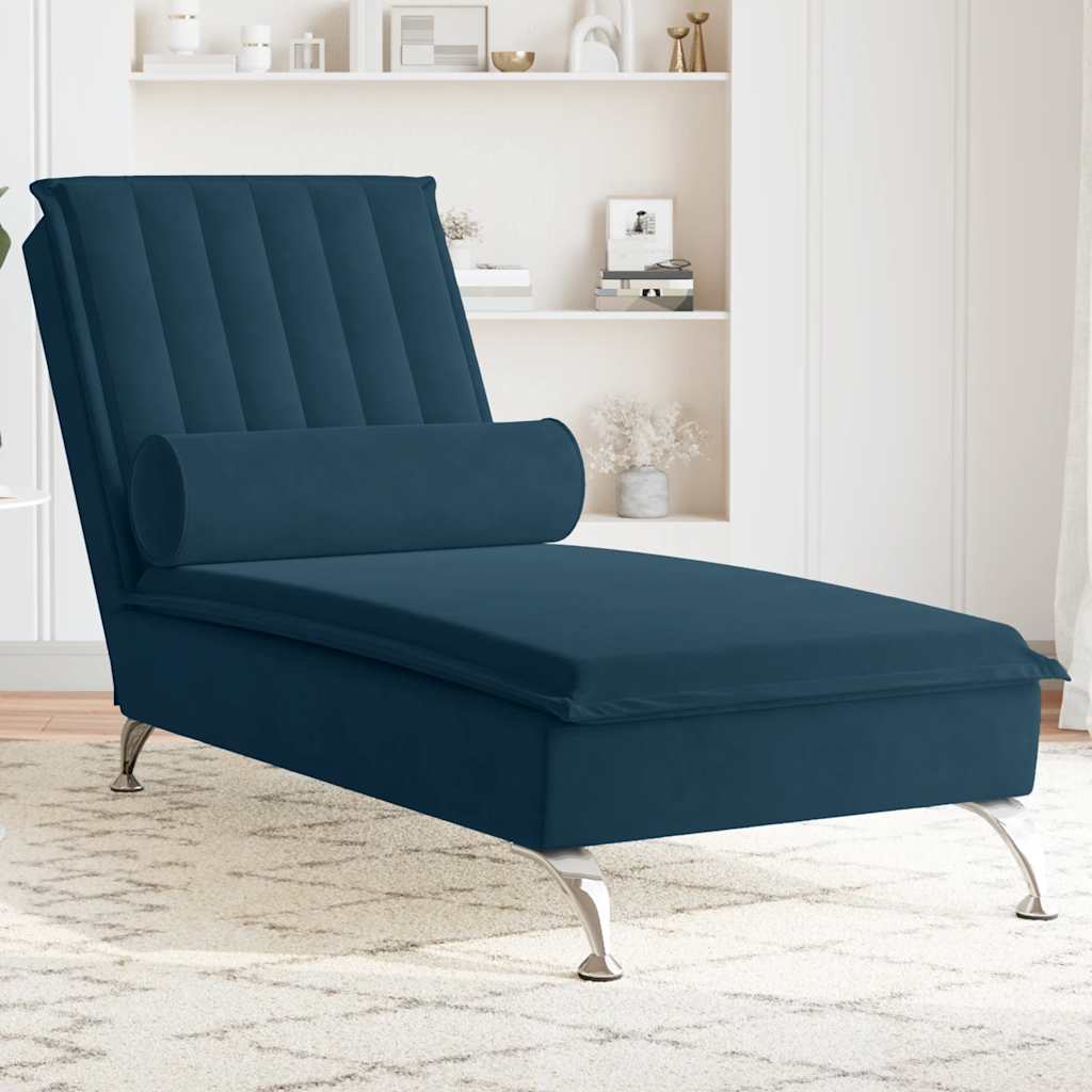 Massage Chaise Longue with Neck Roll Blue Velvet