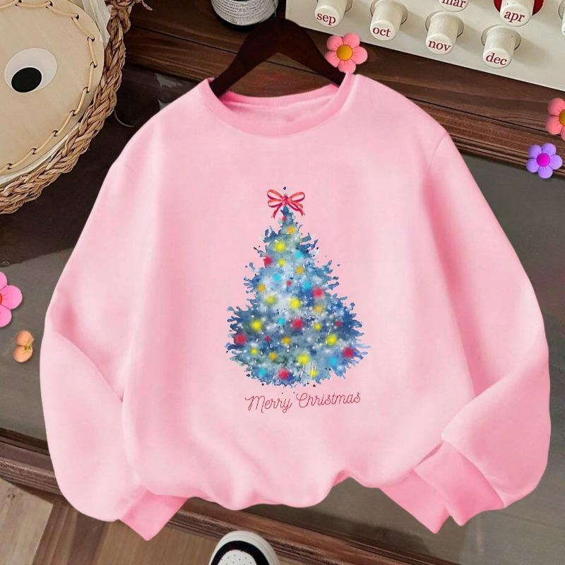 Kids Crewneck Sweatshirt, Blue Christmas Tree Print, Casual Tops for Fall & Winter