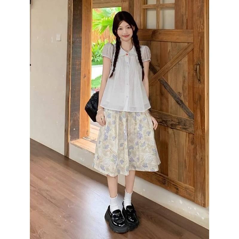 Girls Summer Floral High Waist Midi Skirt With Splicing Print For Casual Wear