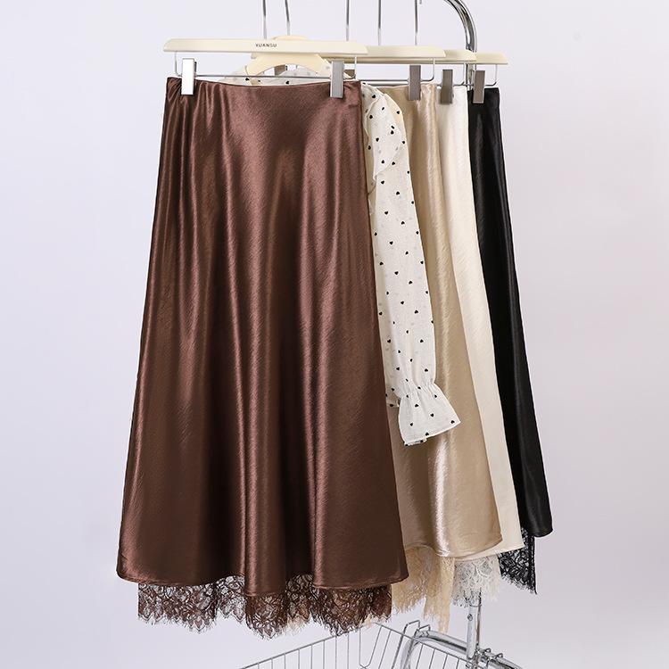 Fei Yuan Women's Satin A-line Drape Skirt, Lace-lined, Solid Color, Early Spring 2026 Fashion Arrival