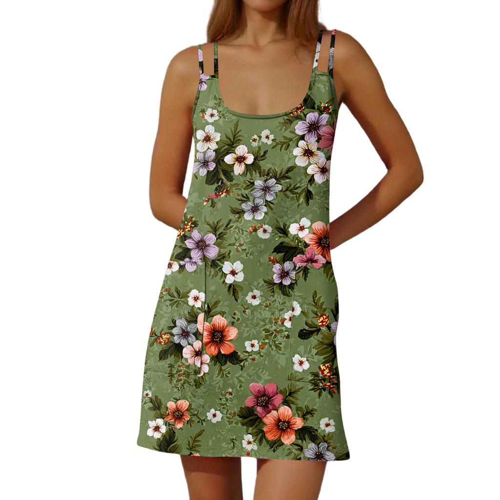 Women's Fashion Casual Floral Print Dress Double Sling Pocket Dress