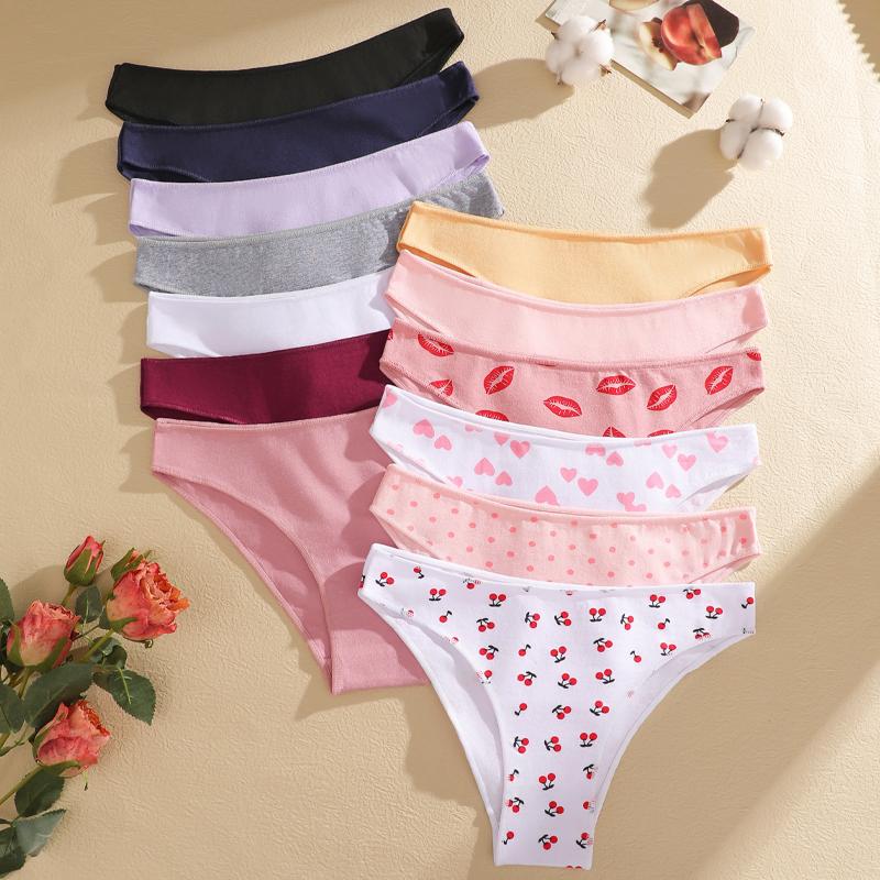 FINETOO 5Pcs/Set Seamless Cotton Cherry Lips Printing Panties Women Sexy Low Waist Cotton Crotch Spring Autumn Underwear Ladies Lingerie