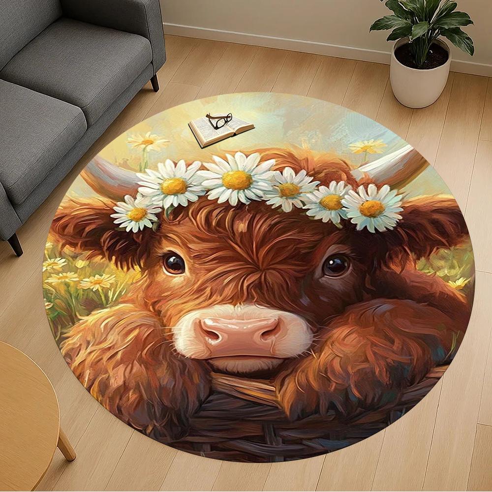 1PC Cow Basket Round Chair Mat Area Rug - Non-Slip, Floor Mat for Office, Bedroom, Home Decor Christmas Gift C0528035