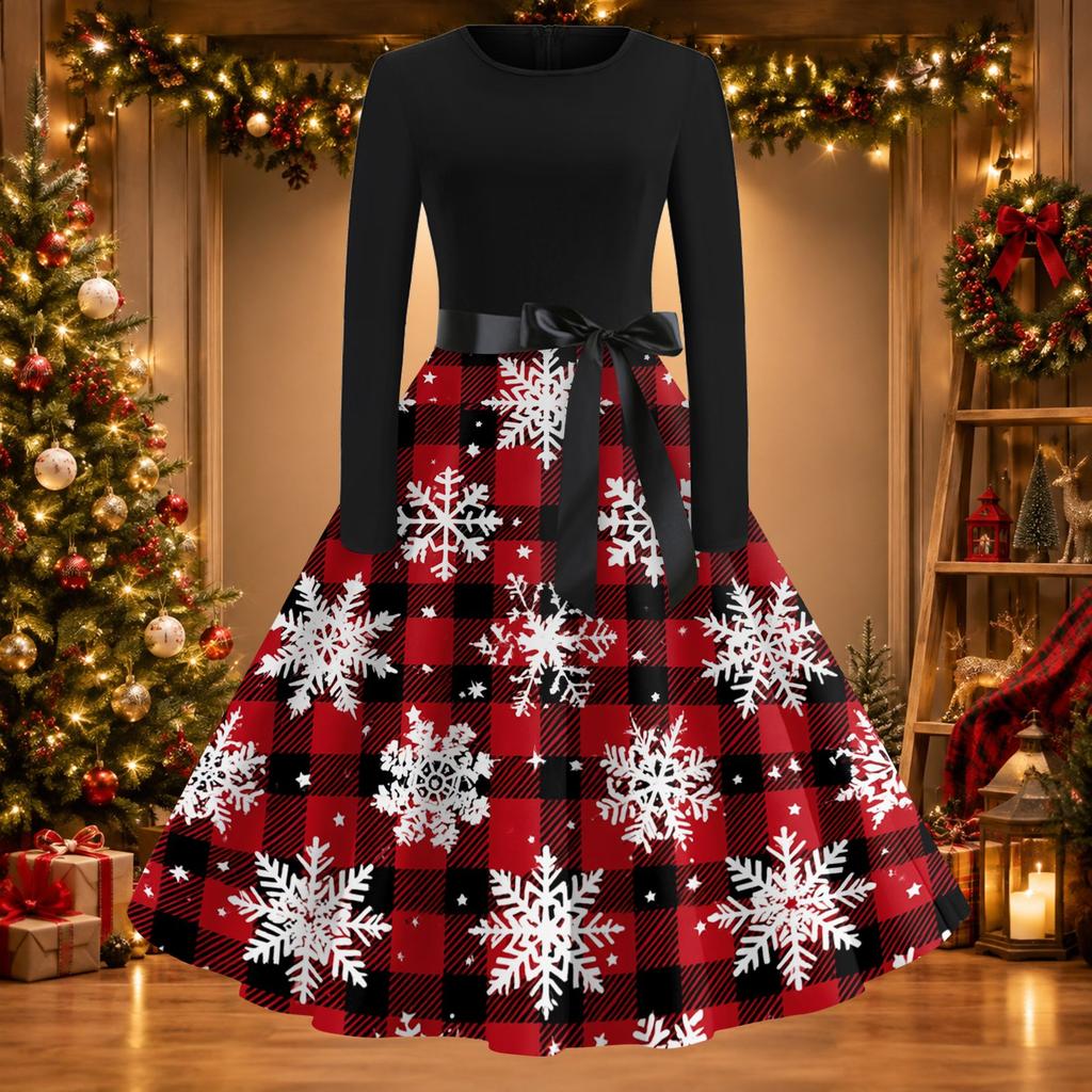 Women's Casual Christmas Print Long Sleeve Round Neck Slim Fit Flared Party Dress