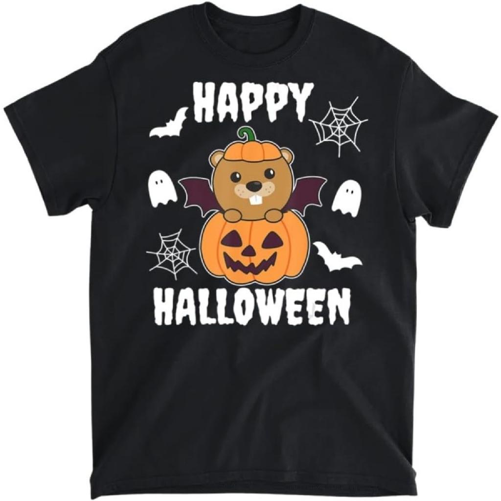 Beaver Happy Halloween Pumpkin Bat Beaver T-Shirt, Tank Top, Long Sleeve, Sweatshirt, Hoodie Men Women Kids Made in Canada Black
