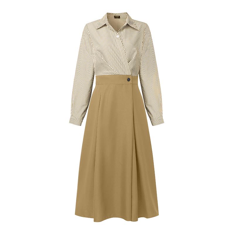 

VONDA Элегантное женское платье-рубашка с лацканами, рукавом 3/4, полосатой лоскутной отделкой, повседневное, офисное, длинное 5XL хаки