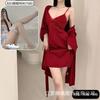 Spring and Summer Sexy Nightdress Lace Temptation V-neck Gathering Ice Silk Suspender Nightdress Backless Chest Pad Suspender Nightdress Set
